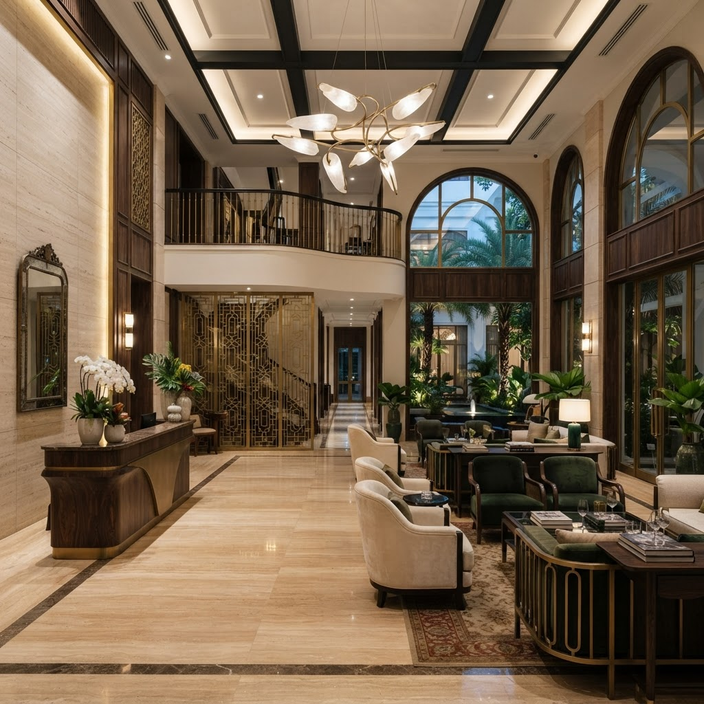 Warm, refined hotel lobby interior
